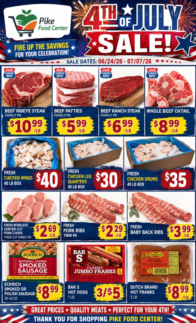 Pike Food Center 4th of July sale flyer featuring discounted prices on beef, chicken, and pork products from June 24 to July 27