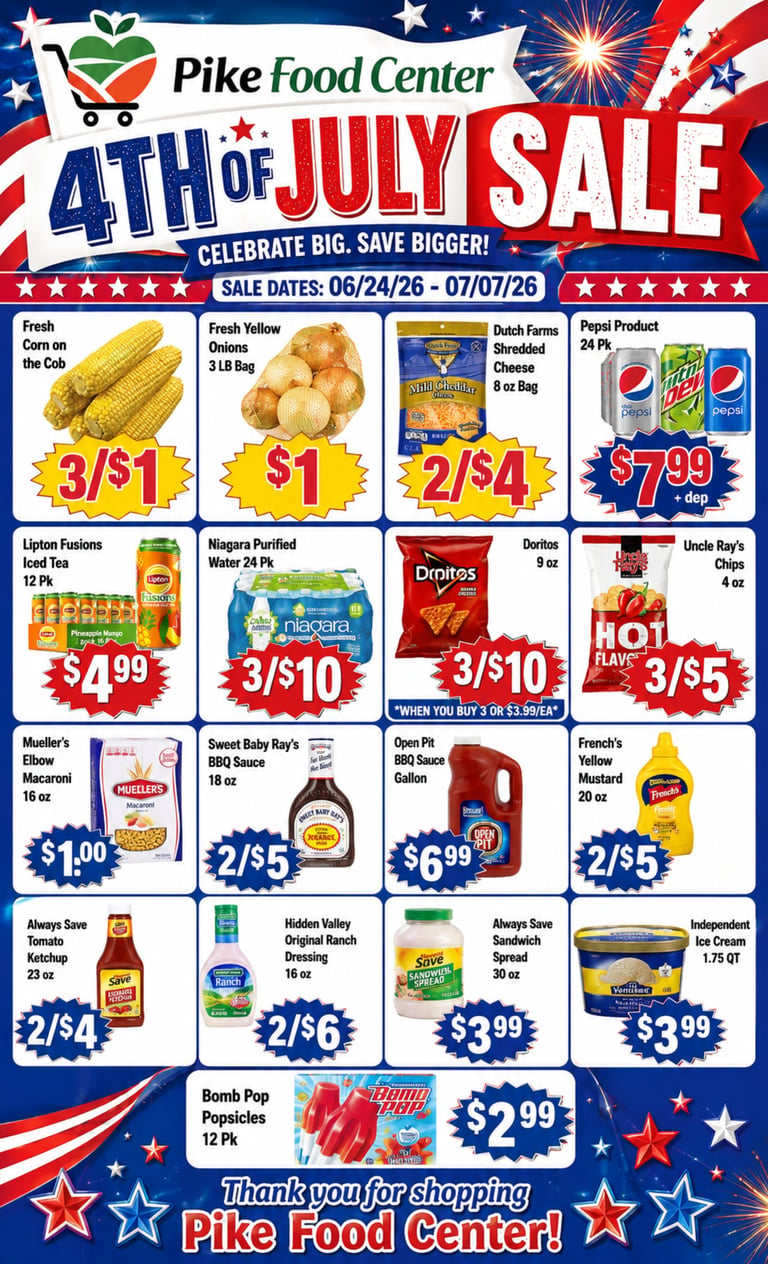 Pike Food Center 4th of July Sale flyer with patriotic design featuring grocery deals and pricing from 06/24/26 to 07/07/26